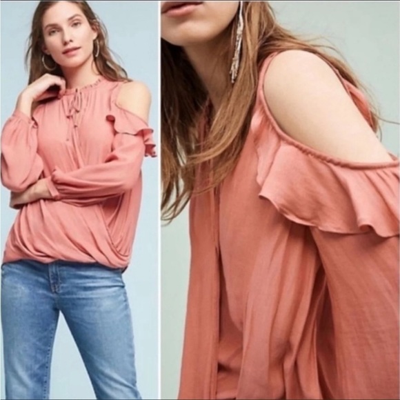 Maeve by Anthropologie Cold Shoulder Sheer Long Sleeve Blouse in Rose Size Small - Picture 1 of 7
